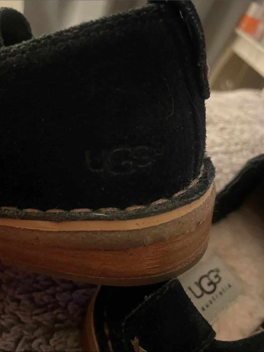 UGG Black Suede Slip-On Loafers with Tan Contrast Sole